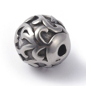 Round Beads in Steel – Flower Pattern, Antique Silver-plated (9.5mm) - Uniq Perler - 116007