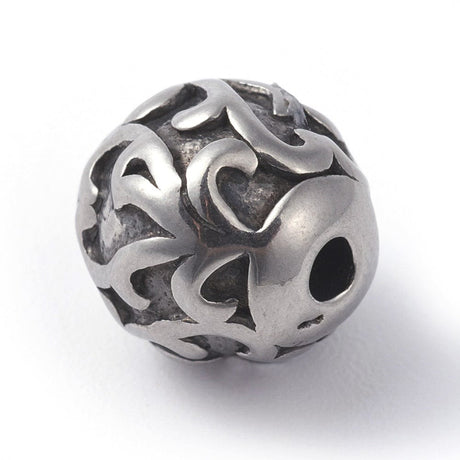 Runde Perler i Stål – Blomster Mønster, Antik Forsølvet (9,5mm) - Uniq Perler - 116007