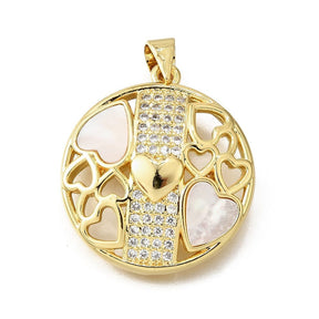 Round Pendant With Hearts And Clear Zirconia Stones, 18K Gold-plated, 25x23mm - Uniq Perler - 114765