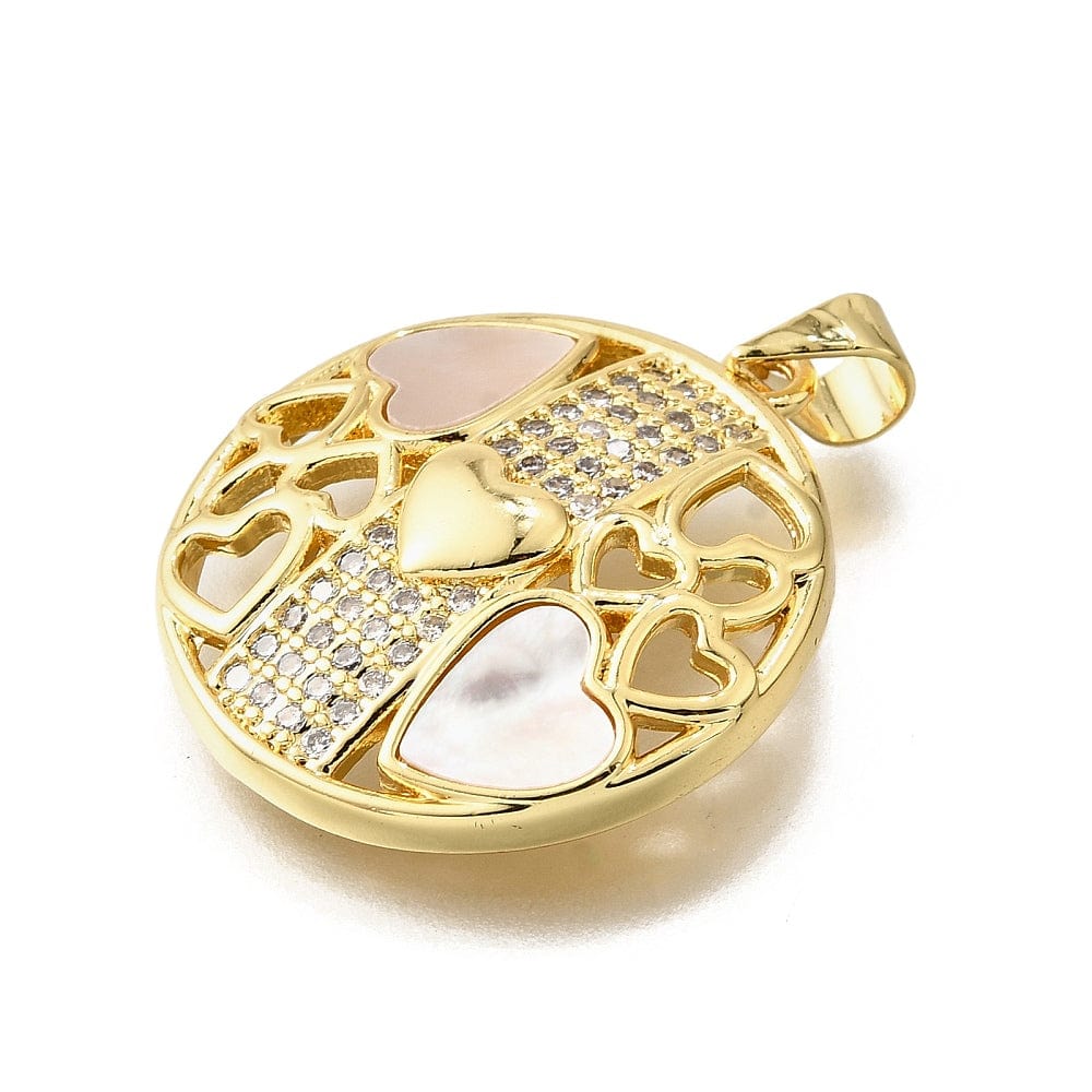 Rundt Vedhæng Med Hjerter Og Klare Zirkonia Sten, 18K Forgyldt, 25x23mm - Uniq Perler - 114765