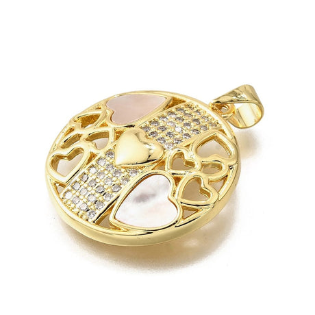 Rundt Vedhæng Med Hjerter Og Klare Zirkonia Sten, 18K Forgyldt, 25x23mm - Uniq Perler - 114765