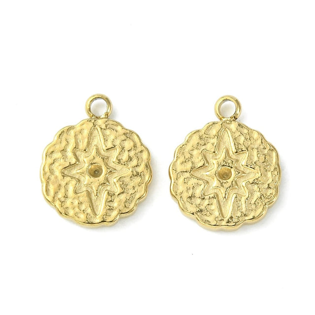 Rundt Vedhæng Med Struktur Og Rhinsten, 14K Forgyldt Stål, (14,5x11,5mm) - Uniq Perler - 1111490376