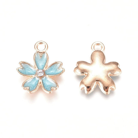 Sakura Blomster Vedhæng Med Blå/Grøn Emalje Og Rhinsten, Forgyldt, (16x14x3mm), 10 Stk - Uniq Perler - 111731