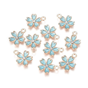 Sakura Blüten Anhänger Mit Blau/Grün Emaille Und Strasssteinen, Vergoldet, (16x14x3mm), 10 Stück - Uniq Perler - 111731