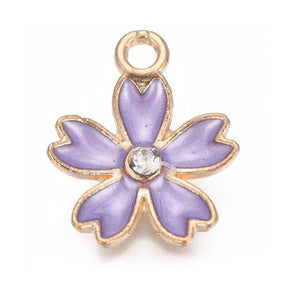 Sakura Blüten Anhänger mit lila Emaille und Strasssteinen, 18K Vergoldet, (16x14x3mm, 10 Stück) - Uniq Perler - 111734