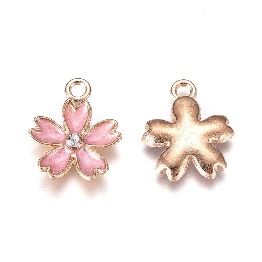 Sakura Blomster Vedhæng Med Rosa Emalje Og Rhinsten, Forgyldt, (16x14x3mm, 10 Stk) - Uniq Perler - 111735