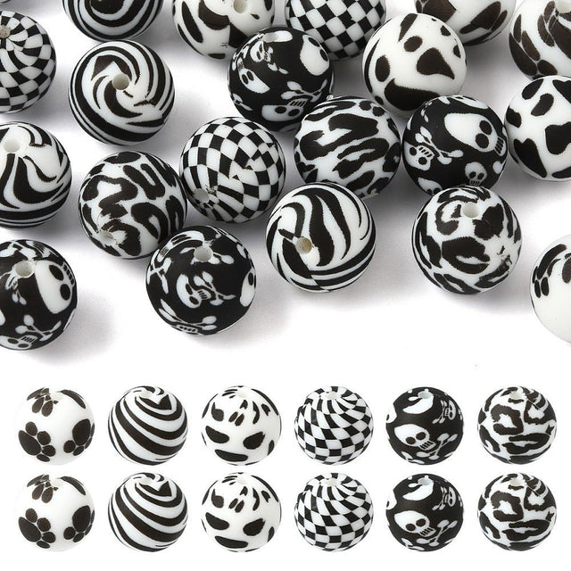 Silikone Perler – Rund (15mm, Sort, 24 stk., Mix) - Uniq Perler - 120179