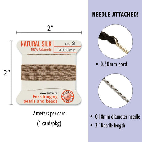 Silkesnor med Nål – Beige (0,5mm, 2m) - Uniq Perler - 116364