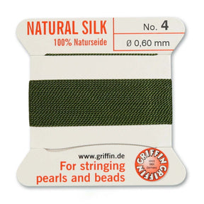 Silkesnöre Med Nål - Oliv, Str. 4 (0,60mm), 2m - Uniq Perler - 116363