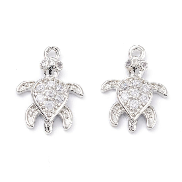 Skildpadde Vedhæng – Langtidsholdbar Platinbelagt Messing Med Zirkonia (15,5x11x3mm) 2 stk. - Uniq Perler - 120573