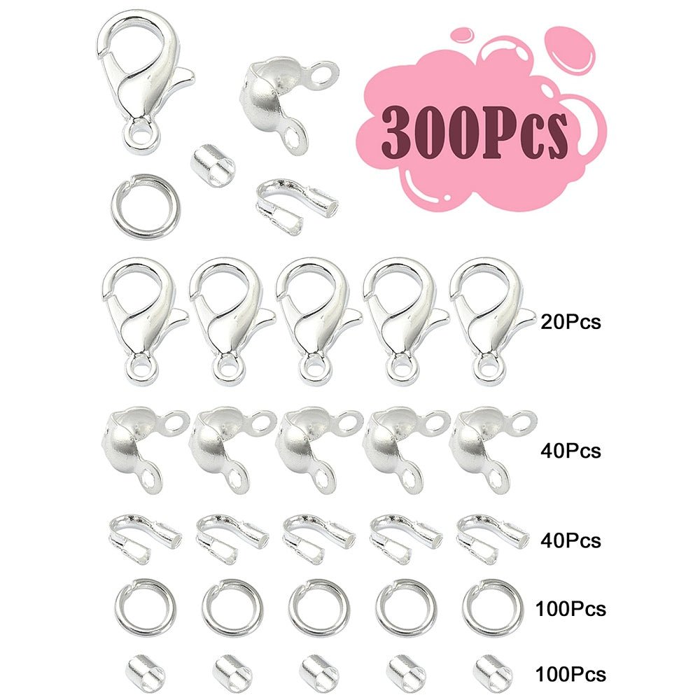 Smykkedele Sæt – Låse, Åbne Øskner og Klemmeperler, Forsølvet (300 dele) - Uniq Perler - 