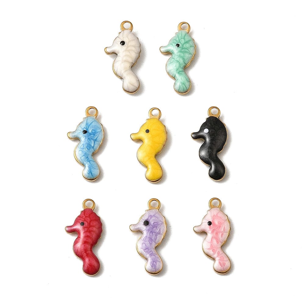 Søhest Vedhæng – Mixede Farver, Forgyldt (14x7x2mm) 8 stk - Uniq Perler - 115736