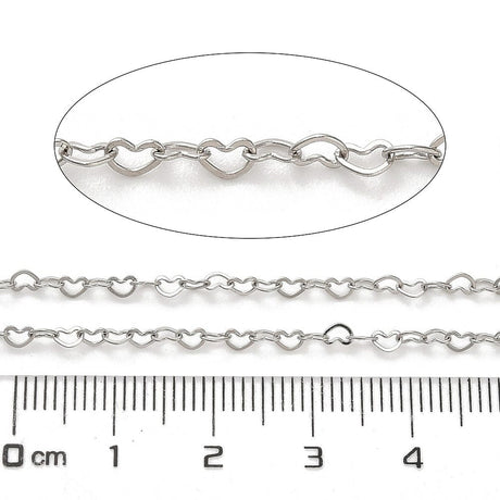 Stål Kæde Med Små Hjerte Links, 3,5x2,5x0,2mm, 1m - Uniq Perler - 284853