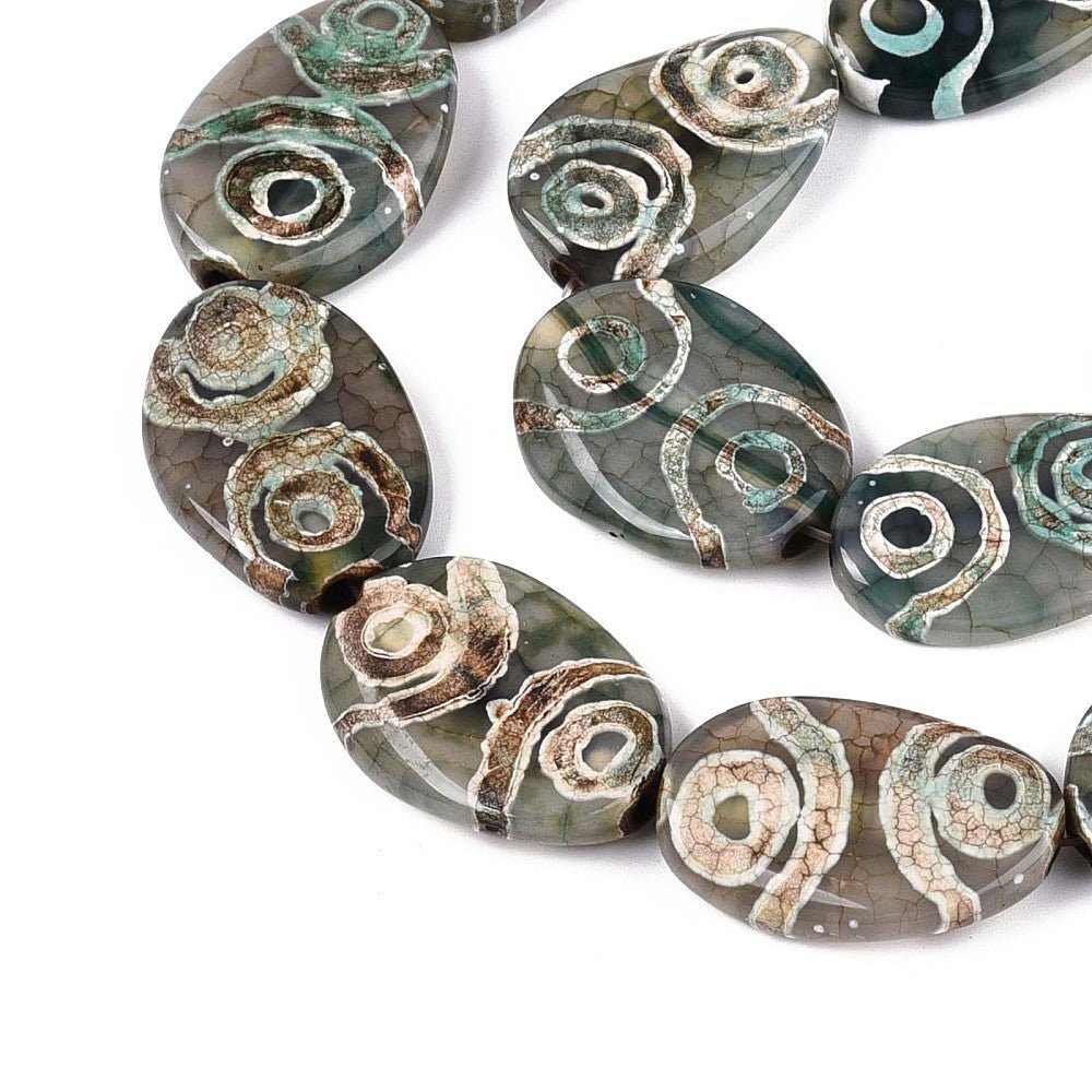 Tibetansk Agat – Flade Ovale, Mørk Grøn (30x21x6mm) - Uniq Perler - 