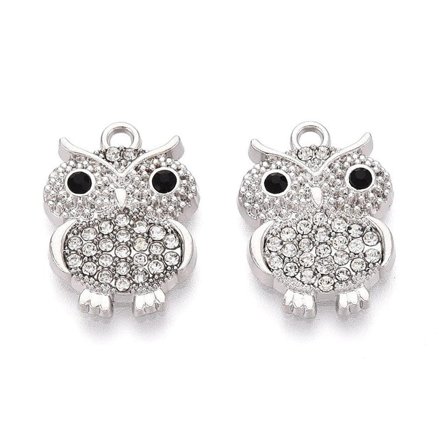 Ugle Vedhæng Med Rhinsten - Platin Farvet (19x14x3,5mm) 4 stk - Uniq Perler - 115813