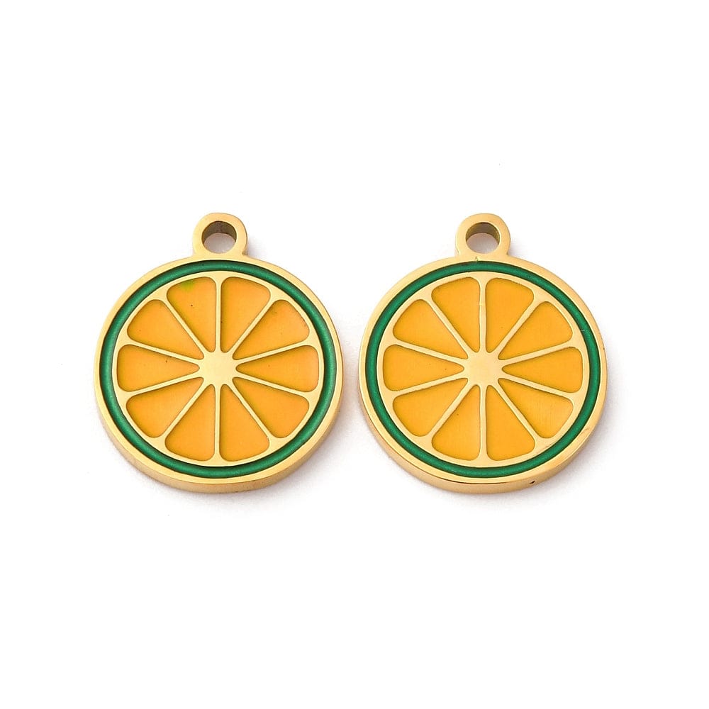 Vandfast Appelsin Vedhæng - Gul/Orange Emalje, Forgyldt Stål (12x14mm) 2 stk - Uniq Perler - 115336