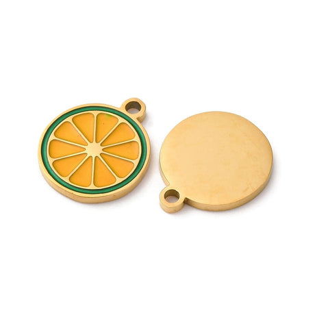 Vandfast Appelsin Vedhæng - Gul/Orange Emalje, Forgyldt Stål (12x14mm) 2 stk - Uniq Perler - 115336