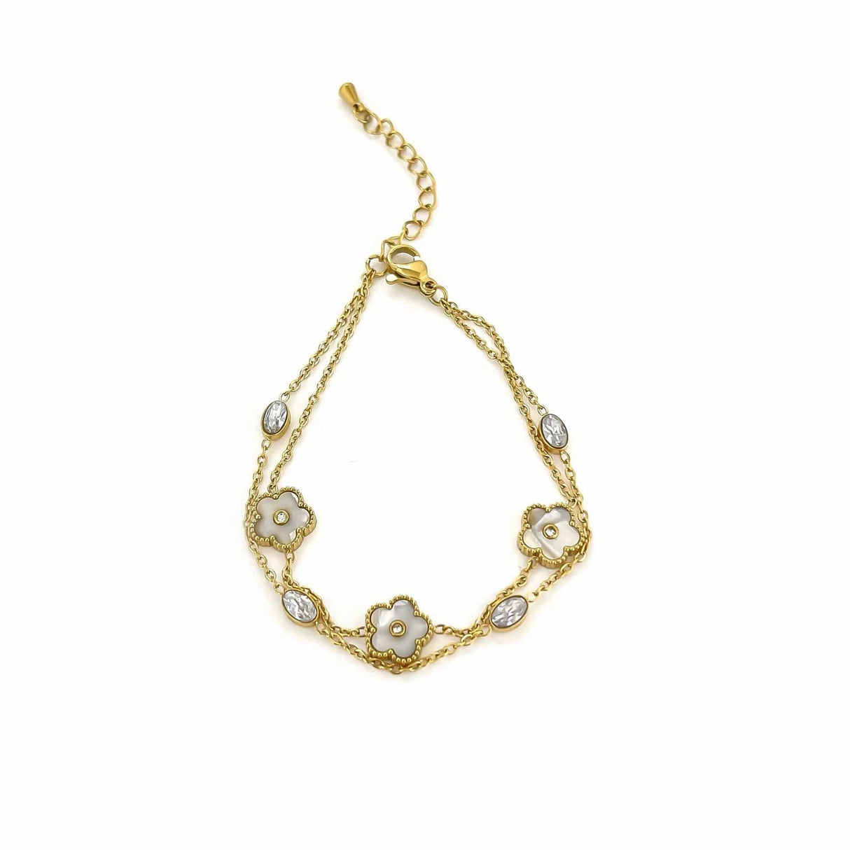 Vandfast Armbånd Med Zirkonia og Shell Vedhæng – 18K Forgyldt Stål (15,5+4cm) - Uniq Perler - 114652