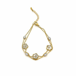 Water-resistant Bracelet With Zirconia and Shell Pendant – 18K Gold-plated Steel (15.5+4cm) - Uniq Perler - 114652
