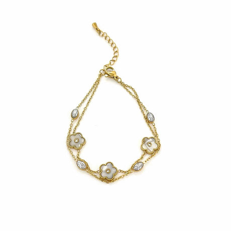 Vandfast Armbånd Med Zirkonia og Shell Vedhæng – 18K Forgyldt Stål (15,5+4cm) - Uniq Perler - 114652