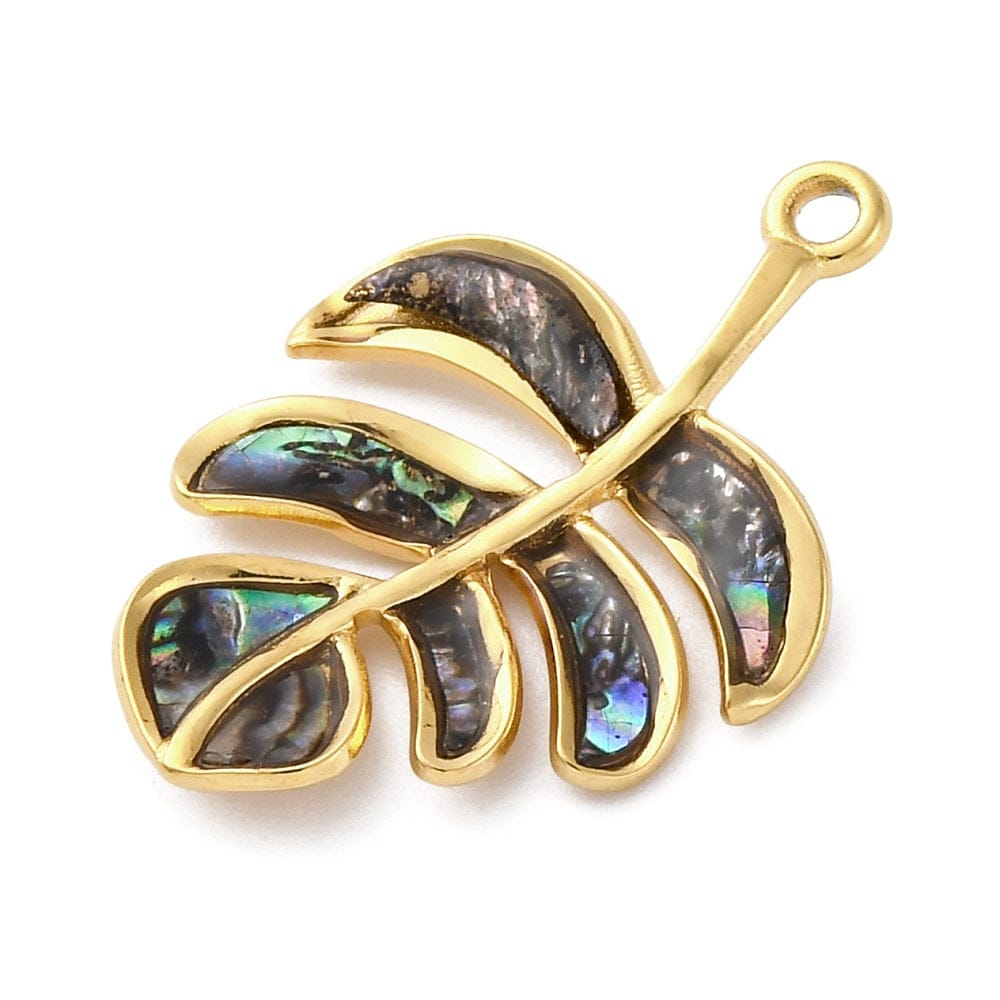 Vandfast Blad Vedhæng Med Abalone Shell – 18K Forgyldt Stål (27x19mm) - Uniq Perler - 116000
