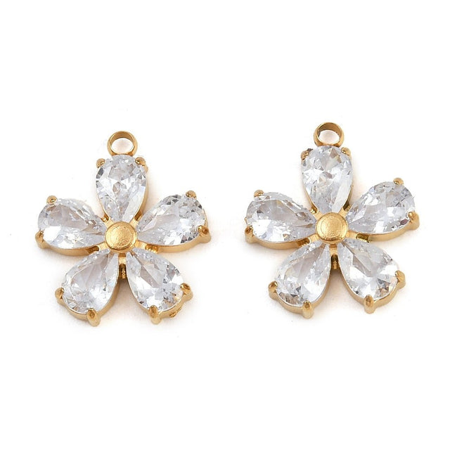 Vandfast Blomster Vedhæng Med Zirkonia – 18K Forgyldt Stål (16x14mm) - Uniq Perler - 119000