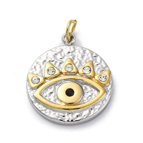 Water-resistant Evil Eye Pendant with Rhinestones – Gold-plated Steel (14x16mm) - Uniq Perler - 114783