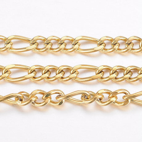 Vandfast Figaro Kæde – 18K Forgyldt Stål, Facetteret (4~6x3x0,8mm)1 meter - Uniq Perler - 124752