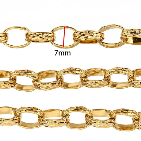 Vandfast Forgyldt Stål Kæde – Ovale Led med Diamant Mønster (7mm, 1 Meter) - Uniq Perler - 