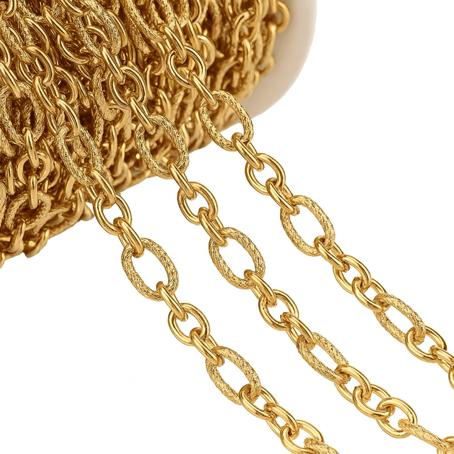 Vandfast Forgyldt Stål Kæde – Ovale Led Med Mønster (13x8 - 10x7mm, 1 Meter) - Uniq Perler - 116347