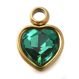 Vandfast Hjerte Vedhæng med Rhinsten – Forgyldt Stål, Grøn (9x6x4mm) 2 stk - Uniq Perler - 