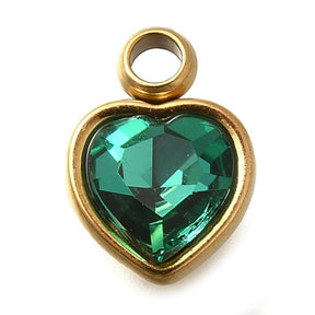 Wasserdichtes Herz Anhänger mit Strasssteinen – Vergoldet Stahl, Grün (9x6x4mm) 2 Stück - Uniq Perler - 