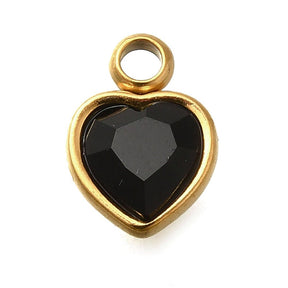 Water-resistant Heart Pendant with Rhinestones – Gold-plated Steel, Black (9x6x4mm) 2 pcs - Uniq Perler - 