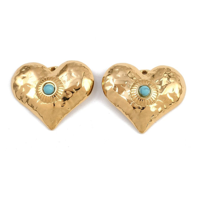 Vandfast Hjerte Vedhæng Med Turkis Perle – 18K Forgyldt Stål (29,5x24,5mm) - Uniq Perler - 116002