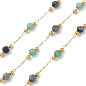 Water-resistant Chain With Aventurine and Obsidian Natural Stones, 18K Gold-plated Steel, 1m - Uniq Perler - 114094
