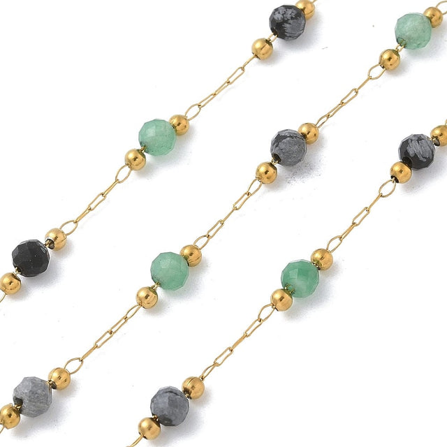 Vandfast Kæde Med Aventurin og Obsidian Natursten, 18K Forgyldt Stål, 1m - Uniq Perler - 114094