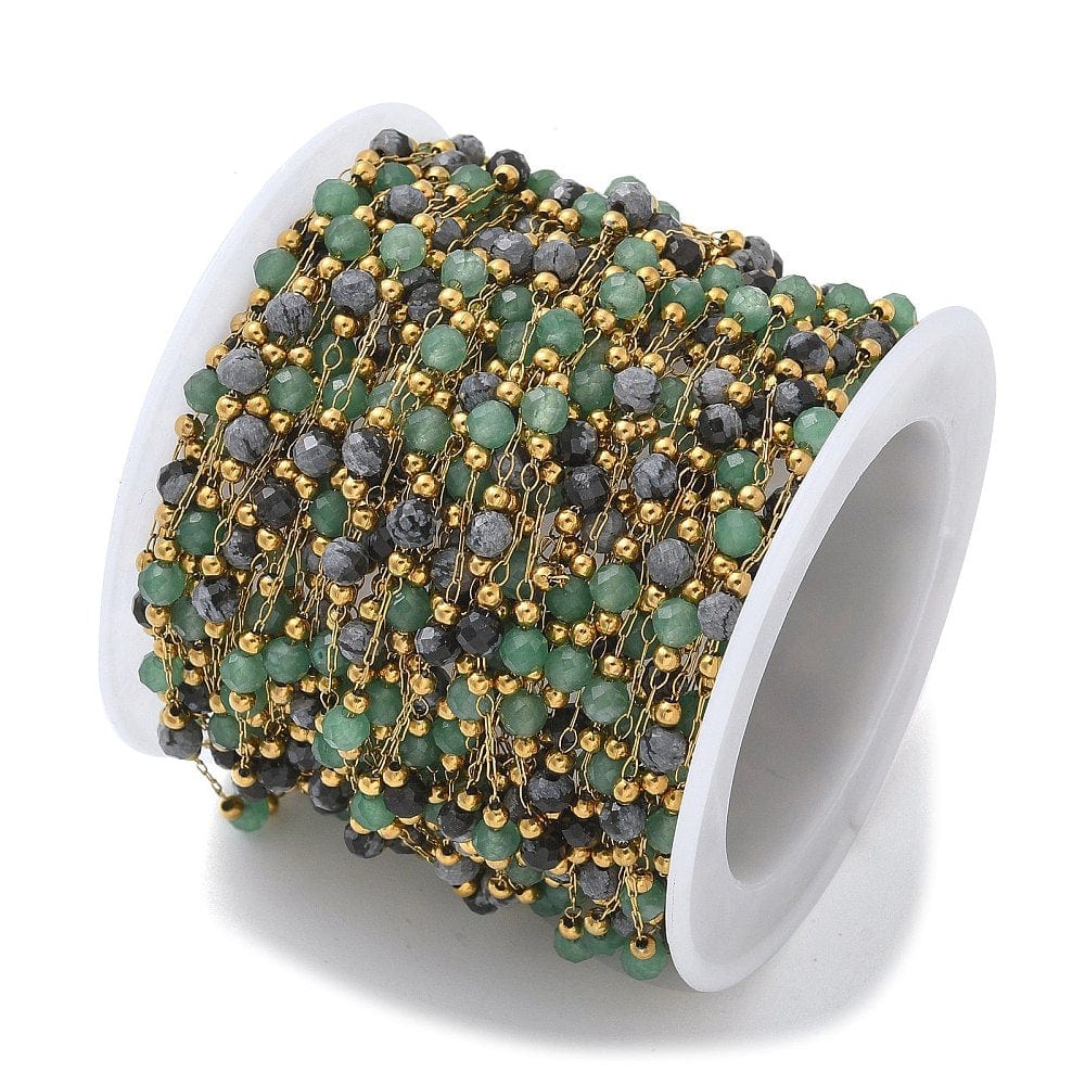 Vandfast Kæde Med Aventurin og Obsidian Natursten, 18K Forgyldt Stål, 1m - Uniq Perler - 114094