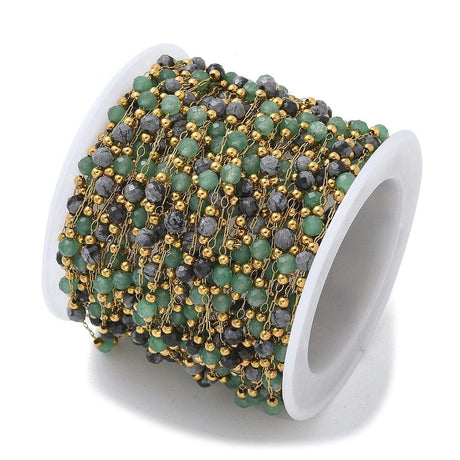 Vandfast Kæde Med Aventurin og Obsidian Natursten, 18K Forgyldt Stål, 1m - Uniq Perler - 114094