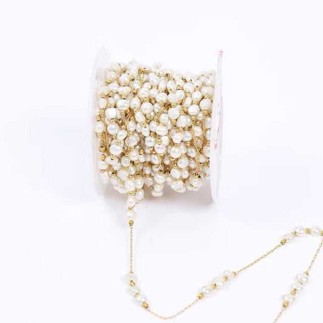 Vandfast Kæde Med Ferskvandsperler, 18K Forgyldt Stål, (1m) - Uniq Perler - 174722