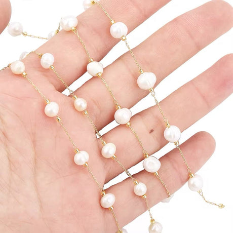 Vandfast Kæde Med Ferskvandsperler, 18K Forgyldt Stål,(1m) - Uniq Perler - 112696