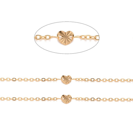 Vandfast Kæde Med Hjerteled – 18K Forgyldt Stål (2x3mm, Hjerte 6x6,5mm) 1m - Uniq Perler - 