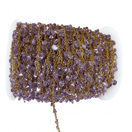 Vandfast Kæde Med Lilla Zirkonia Vedhæng, Forgyldt Stål, 1m - Uniq Perler - 112684