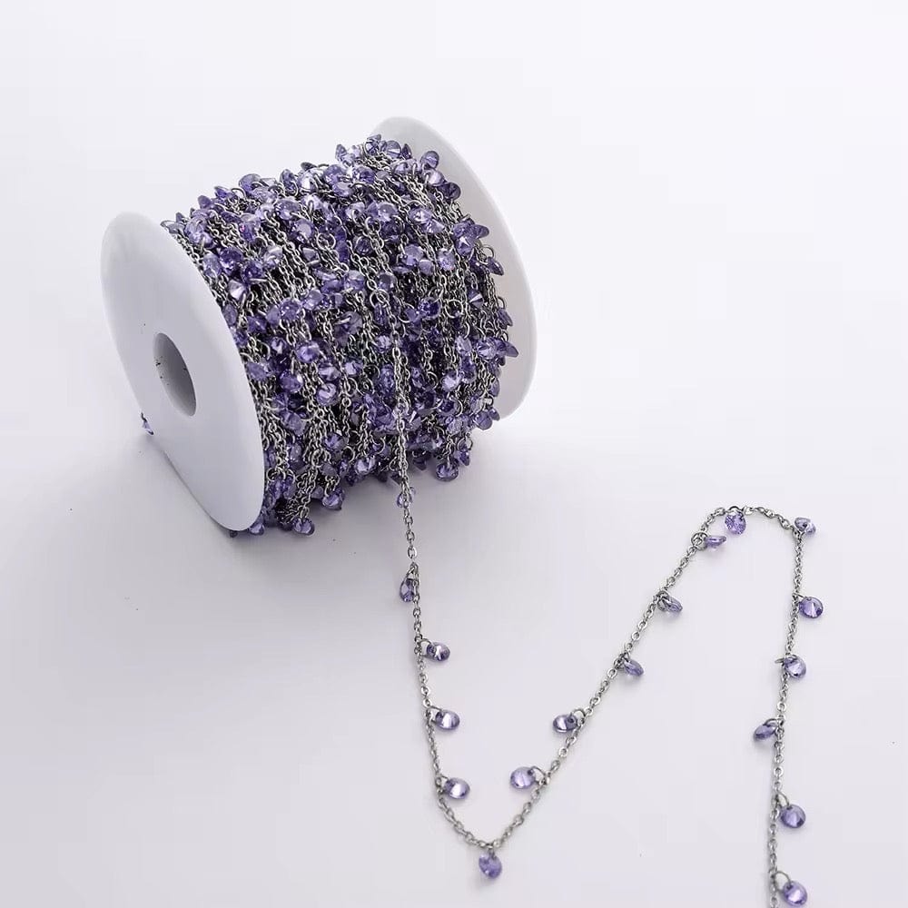 Vandfast Kæde Med Lilla Zirkonia Vedhæng, Stål, 1m - Uniq Perler - 112697