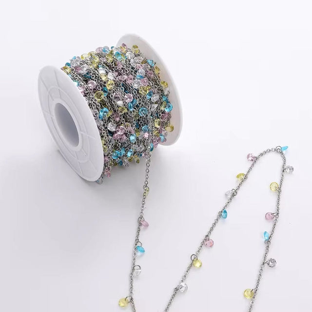 Vandfast Kæde Med Multifarvet Zirkonia, Stål, (1m) - Uniq Perler - 112164