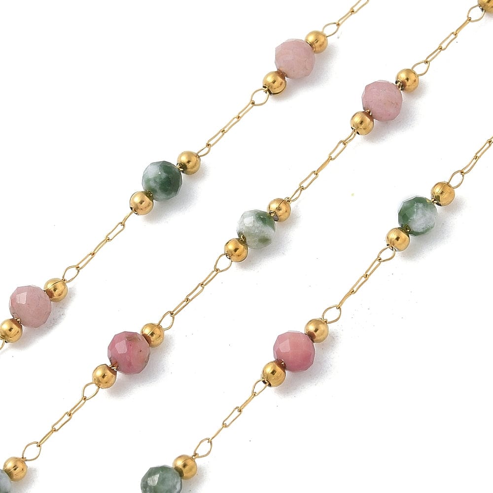 Vandfast Kæde Med Rodrokrosit Og Turkis Natursten, 18K Forgyldt Stål, 1m - Uniq Perler - 114096