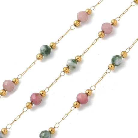 Vandfast Kæde Med Rodrokrosit Og Turkis Natursten, 18K Forgyldt Stål, 1m - Uniq Perler - 114096