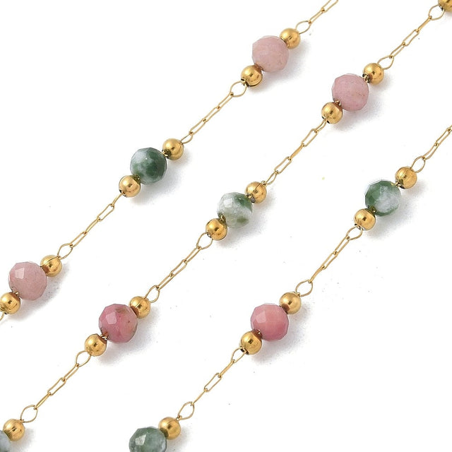 Vandfast Kæde Med Rodrokrosit Og Turkis Natursten, 18K Forgyldt Stål, 1m - Uniq Perler - 114096