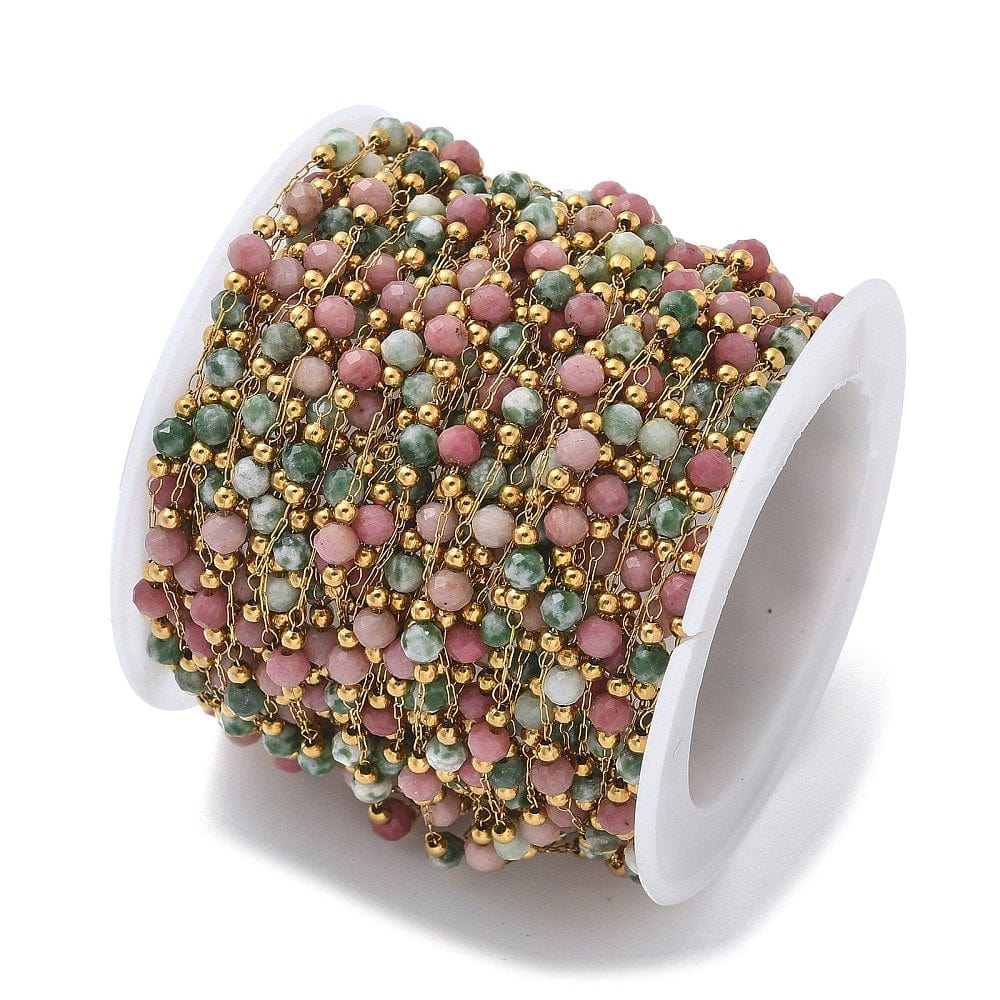 Vandfast Kæde Med Rodrokrosit Og Turkis Natursten, 18K Forgyldt Stål, 1m - Uniq Perler - 114096