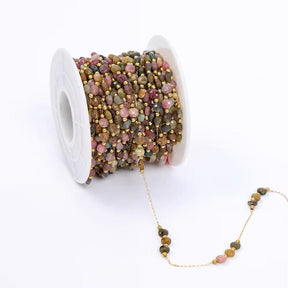 Water-resistant Chain With Tourmaline Natural Stone Beads, Gold-plated Steel, (1 m) - Uniq Perler - 137274
