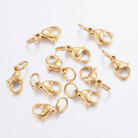 Vandfast Karabinlås Med Øsken - 18K Forgyldt Stål (10x7mm, 10 Stk) - Uniq Perler - 0000003526